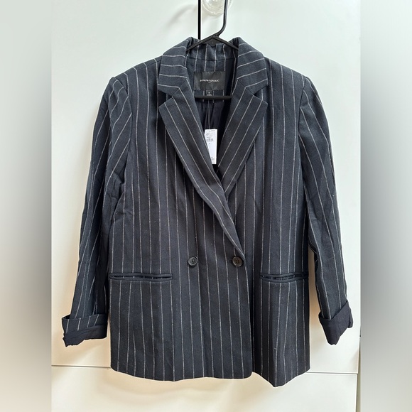 Banana Republic Linen Cotton Double Breasted Blazer Black Pinstripe 6 NWT - Picture 2 of 6